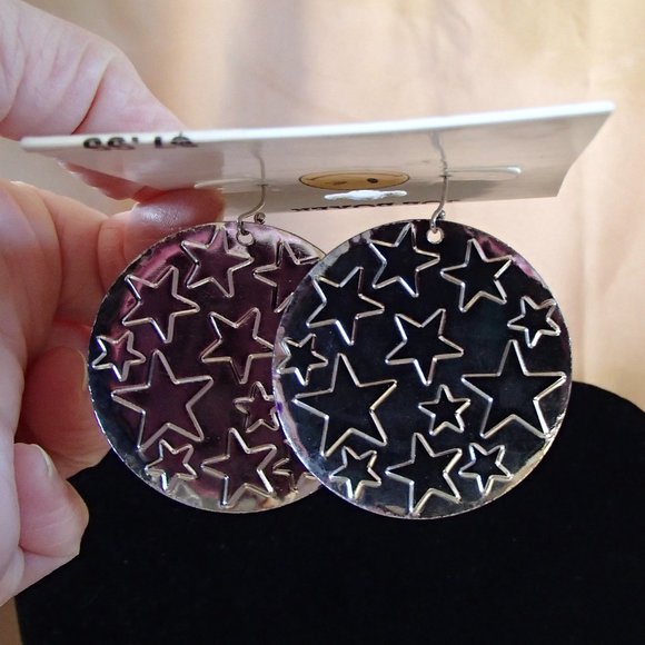 Joe Boxer Celestial Stars New Round Large Disc Earrings Black Silver NWT - Picture 5 of 8